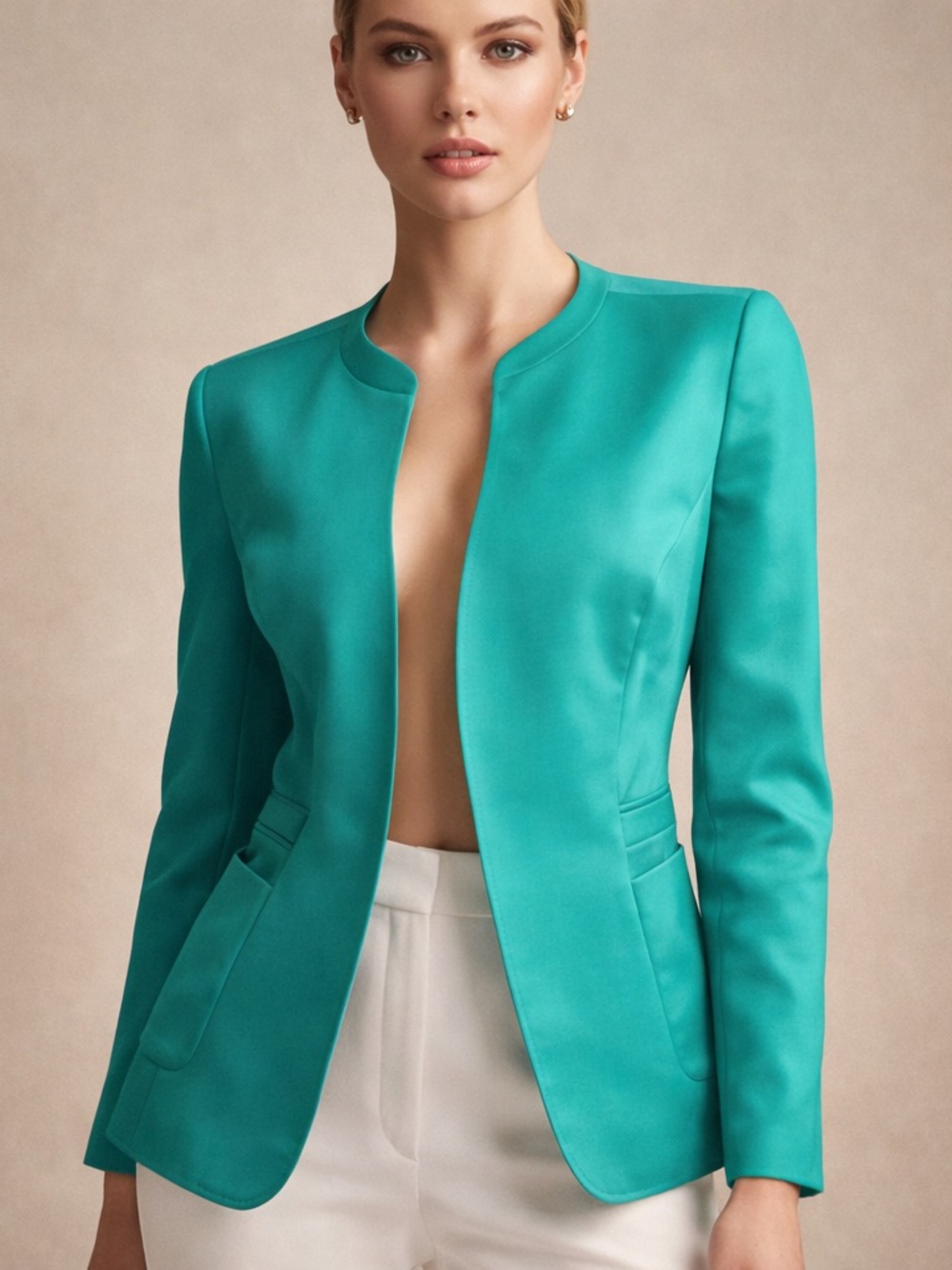 Classic Teal Collarless Women's Blazer Jacket